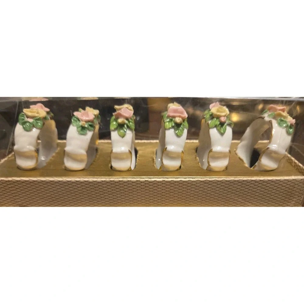 Vintage Porcelain Flower Napkin Rings Cottage Table Decor Set of 6 Original Box